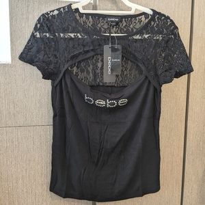 BEBE Rhinestone Lace Keyhole Top